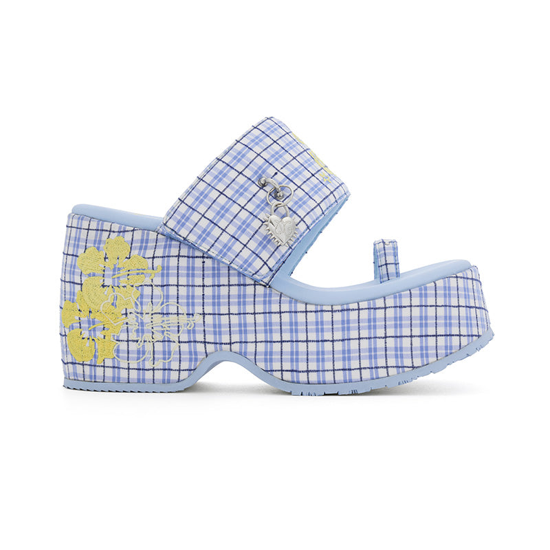 Blue Plaid Hiciscus Platform Sandals
