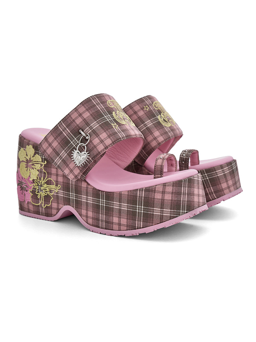 Pink Plaid Hiciscus Platform Sandals
