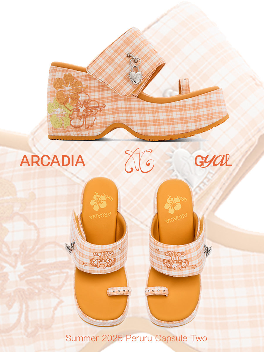 Orange Plaid Hiciscus Platform Sandals
