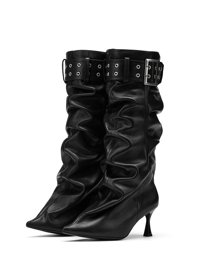 Pointed toe pleated boots(black)