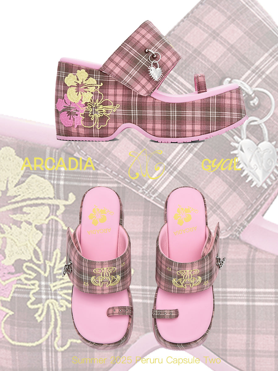 Pink Plaid Hiciscus Platform Sandals