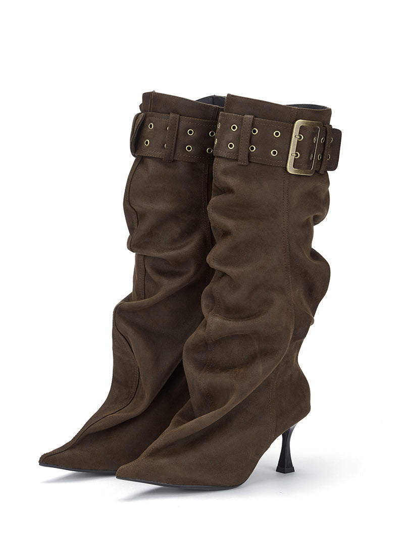 Pointed toe pleated boots(brown)