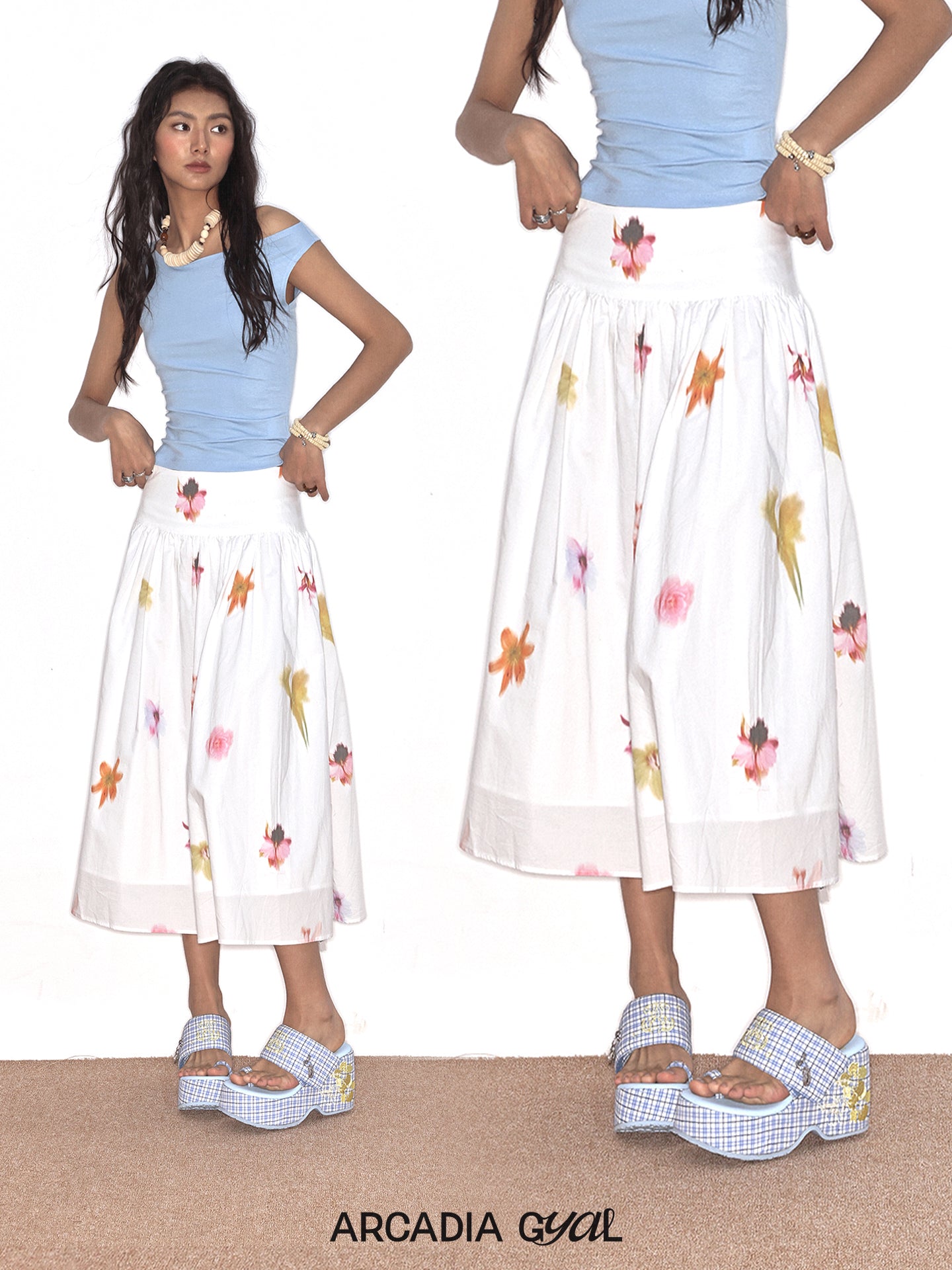 Blue Plaid Hiciscus Platform Sandals