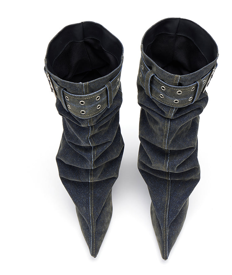 Pointed toe pleated boots(Teal Blue)