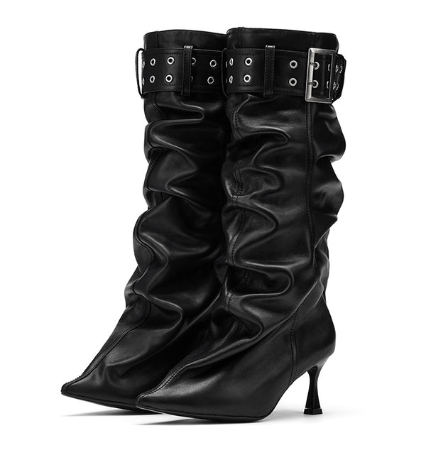 Pointed toe pleated boots(black)