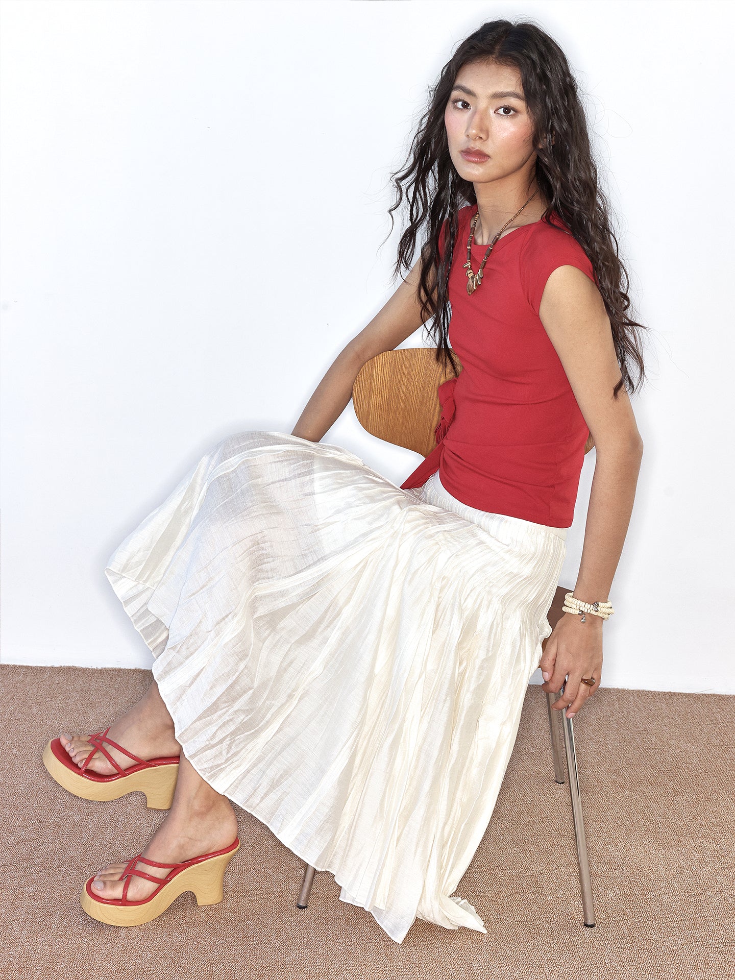 Red Wedge Thin-Strap Sandals