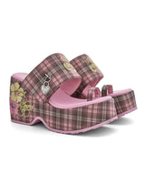 Pink Plaid Hiciscus Platform Sandals