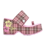 Pink Plaid Hiciscus Platform Sandals