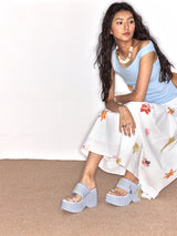 Blue Plaid Hiciscus Platform Sandals