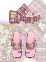 Pink Plaid Hiciscus Platform Sandals