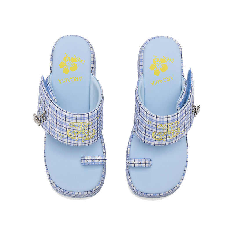 Blue Plaid Hiciscus Platform Sandals