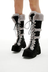 Fur Lace Up Platform Boots - Black