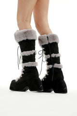 Fur Lace Up Platform Boots - Black